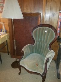 Large wooden frame and Victorian chair. 