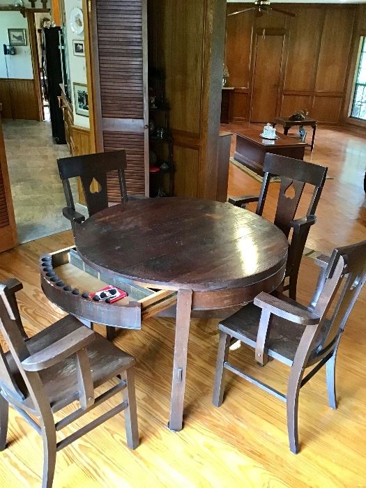 Antique Oak Poker table with Hidden Drawer and 4 Matching Chairs