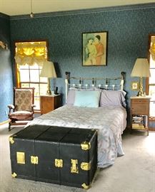 Large Wardrobe Trunk that is locked with no key. What do you think is in there?   Iron and Brass Bed with  Full size Select Comfort Mattress, Antique Platform Rocker, Picasso Painting