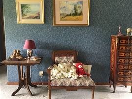 Antique Table, Eastlake Settee, Marquetry Lingerie Chest