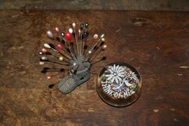 Victorian Era "Think of Me" Glass Paper Weight & Booty Pin Cushion with Stick Pins