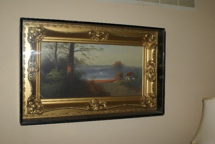 Victorian Era Oil on Canvas Cottage on Lake by Artist ROAN