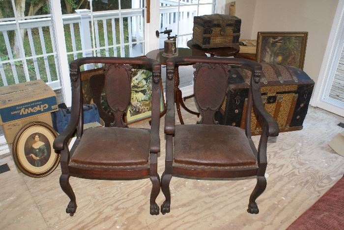 All Original Victorian Era Carved Dragon Head King & Queen Arm Chairs 