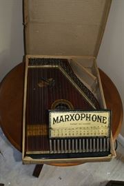Antique Marxophone Zither String Instrument in Great Condition includes original Box, Key & Paper Music