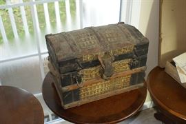Antique Victorian Childs / Salesman Sample Dome Top Trunk with Wooden Straps & Alligator Skin Outside & Insert 