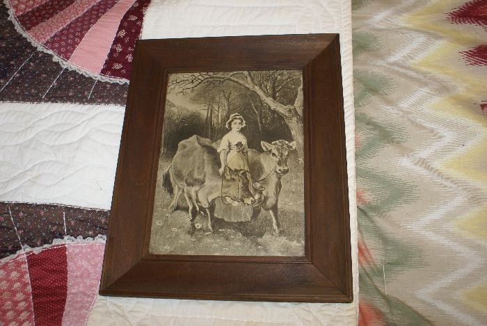 Framed Black & White Antique Litho of Woman With Cows