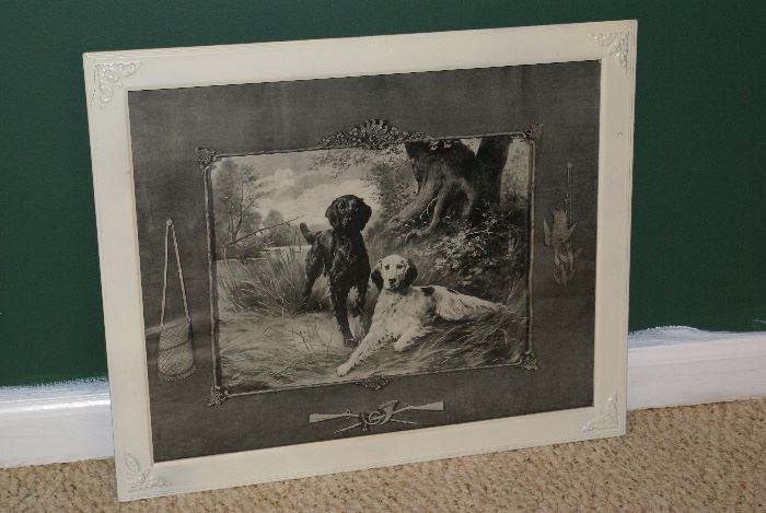 Old Framed Black & White Etching of Hunting Dogs