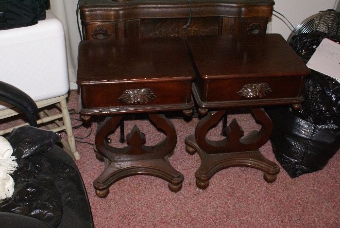 Set of 2 Matching C.1890's Era Tables with Carved Drawer Pulls 