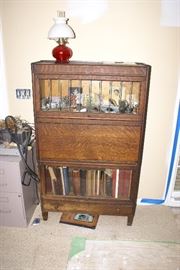 Antique Oak Drop Front Desk with Leaded Glass Bookcase