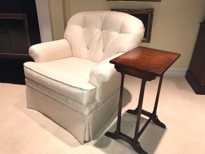 White tufted arm chair and side table 