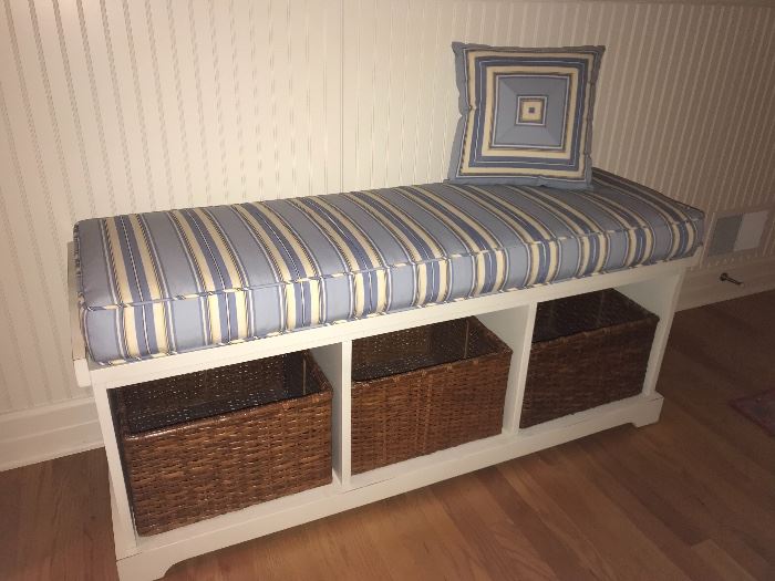 Entryway Storage Bench with baskets, custom upholstered cushion and matching pillow