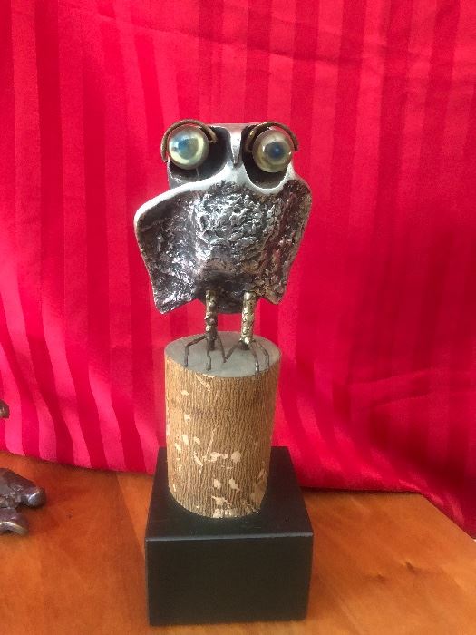 Curtis Jere solid metal owl Sculpture tagged and signed with Marshall Field Sticker on bottom Buy it NOW $500