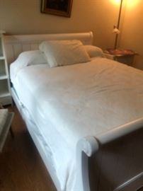 Crate and Barrel full size sleigh bed with night stand and book shelf