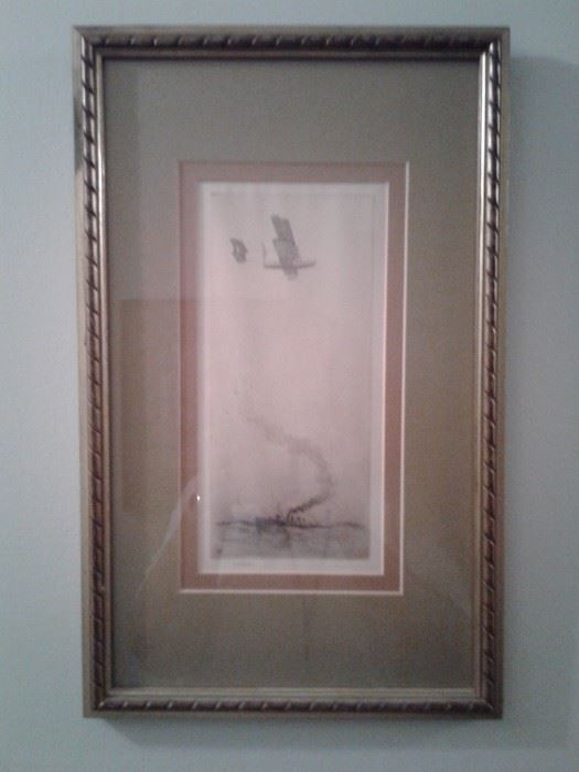 Sears Gallagher etching of biplane over steamship