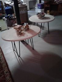 Pair of marble top, hairpin leg occasional tables