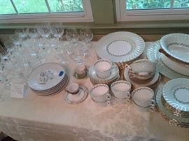 Minton hand painted Cheviot in green. Stewart England crystal. Hampshire pattern