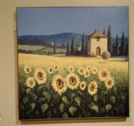 Adobe home featuring a landscape of sunflowers and cypress trees -  oil on canvas