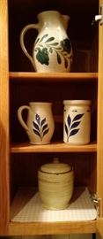 Leaf print assortment of pottery crockery includes Milk Pitcher, Sugar and Creamers, Biscuit Jar with Lid.  Very nice collection for this upcoming holiday season.