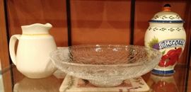 Featuring a Clear Glass Crackeled Salad Bowl with Ceramic Small Milk Pitcher and a Buscuit (Ginger) Jar.  All very nice! 