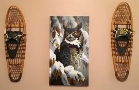 Snow Shoes featuring the Great Horned Owl.  Snow shoes are like new. Great Horn Owl is an oil on canvas, signed by artist. 