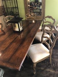 Farmhouse Style Dining Table, Solid wood with Scrolled Metal Base