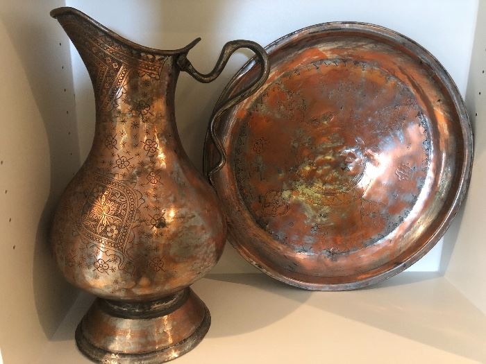 Copper Artifact, Jerusalem, Large Vessel and Challah Plate, Hebrew engraving, Damascus