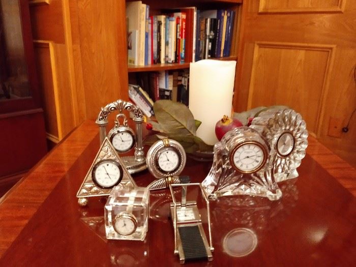 collection of table top other miniature and Waterford clocks