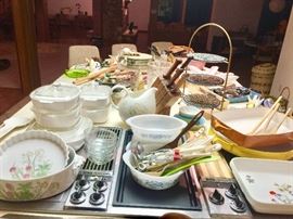 Vintage kitchen stuff with pyrex, corning ware ,danske enamel pans, and more