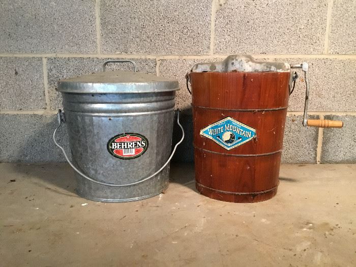 Antique Ice Cream Freezer and Metal Trash Can https://ctbids.com/#!/description/share/53734