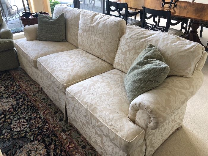 BAKER : 3 cushion couch with rolled arms and skirted - excellent condition - matched set of 2 couches