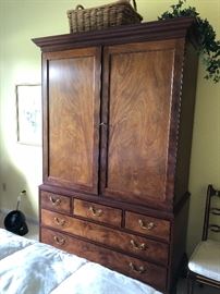 Baker Armoire -Burled walnut and mahogany with double doors with shelves and drawers behind, then lower drawers - beautiful piece :)