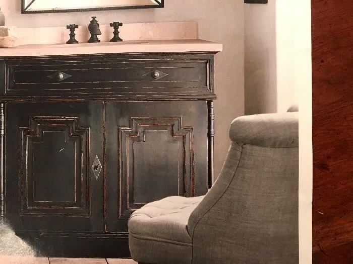 Restoration Hardware Black antiqued finish vanity cabinet with cream marble top and sink.  New - still in original shrink wrap :)