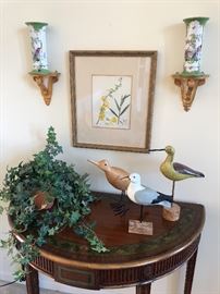 Wood carved birds, mahogany hand-painter 1/2 round table, botanical print, porcelain vases and sconces 