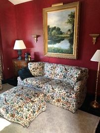 Baker couch and ottoman, oil painting, chest of drawers 