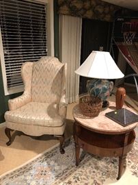 Englander wing back chair and mahogany round table with marble top, porcelain lamp and more