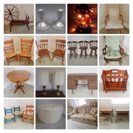 1: Decorative Spinning Wheel
2: Mid Century Fruit Lamp
3: Delft Candlesticks
4: Armchair
5: Pair of Ladderback Chairs
6: Pair of Chairs
7: Trio of Bar Stools
8: Swan Neck Wooden Rocking Chair
9: Round side table w/drawer
10: Pair of Stiffel Lamps
11: Set of Teal Butterprint Pyrex Cinderella Bowls 2 reverse
12: Vintage Desk
13: Magazine Rack
14: Small Chairs
15: Hassock
16: King Hickory Furniture Couch & Chair