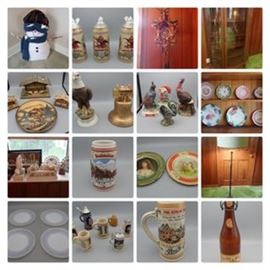 17: 2 End Tables
18: Snowman
19: Thorens Faust Waltz La Traviata Wall Clock Made In Switzerland
20: Rounded Front Wood/Glass 5 Shelf Case
21: Tomorrow's Treasures Anheuser-Busch Steins B, D, G; Brewing, Aging, Land Transportation Scene
22: Music Boxes; Wooden "Cabin" Music Boxes and Wooden Cabin Scene Plate
23: Hoffman Distilling Co Eagle Musical Bourbon Bottle, Liberty Bell Whisky Bottle; Bicentennial
24: Rooster, Wild Turkey, Pheasant Shaped Bottles
25: Plates
26: Last Supper Statue and Framed Art, Pair of Praying Hands, Other religious decor
27: 1985 A Series Anheuser-Busch Budweiser Clydesdales Snow Clapped Mountains Stein
28: Vintage Floor Lamp with Stiffel & Fenton Marks
29: Horlacher's Perfection Beer Advertising Metal Plates
30: Milk Glass Saucer Plates
31: Mini Steins/Toothpick holders; Some marked Germany/West Germany
32: Stroh's Heritage Series II Stein
33: Henninger Export Beer Bottle