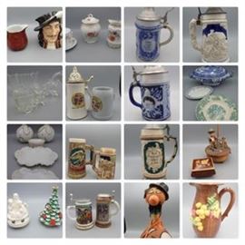 49: Glazed Pottery Plates and Pitcher
50: Germany Monk Pitcher; Athos, one of the Three Musketeers Pitcher Royal Doulton England
51: German 1/2L Cobalt Blue Lidded Beer Stein 372
52: Floral Pattern Condensed Milk Container, Pitcher, Lidded Jar
53: Lidded Beer Stein
54: Glass Horse Drawn Cart Containers
55: Barbarian Summer Festival; 1972 Mug Made in Germany, Lidded Roll Out the Fun Stein USA
56: German 1/2L Cobalt Blue Lidded Stein
59: Colonial Inn C7115 Beer Stein; Village Drinking Scene Beer Stein
60: 1/2 L German Lidded Beer Stein, Flirting Scene
61: Reuge Swiss Musical Movement "Edelweiss"; Thorens Made in Switzerland "Happy Wanderer"
62: Lidded Beer Steins; BMF Milkglass Pub Scene, Marzi & Remy Made in Germany Profession Scenes
63: Music boxes; Schmid Silent Night Angels with Baby Jesus, Santa Clause is Coming to Town Tree
64: Leather over Glass Bottle Man
65: Ceramic Bud Vase