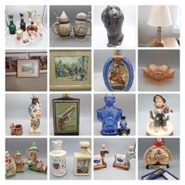 65: Ceramic Bud Vase
66: Avon Lidded Beer Steins; 1979 Cars, 1977 Ships
67: Bank; ABCO Alexander Backer Co NY
68: Liquor Bottles
69: Lamp
70 1972-1973 LCB Seal Beam's Choice
71: Dragon and Flower Carnival Glass Bowl
72: Pair of Holographic Covered Bridge Framed Pictures
73: Framed Watercolor; Liberty Bell at Zion Reformed Church
74: Lionstone Sculpted Porcelain 1969 Whisky Bottle and The Big Chief's Cigar Cup
75: Esra Brooks American Originals Series one Classic Firearms Derringer 1865 Collectible Bottle
76: George Washinghton Bust Shaped Charles Jacquin Bottles
77: Fuji Japan Music Box C9006
78: Hoffman National Collector's Club Mr. Lucky Bottles
79: Americana Collection of Great Moments in History George Mills, American Sons of St Patrick
80: Rajah Beam Bottle and Cheese Knife