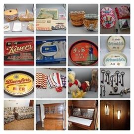 113: Longaberger; 2000 Deck the Halls Basket with Lid,1999 Peppermint, 2000 Let It Snow
114: Longaberger; 1996 Sweet Pea; 1999 Daisy
115: Longaberger; 1997 Petunia with Lid, 2001 Peony, Stationary
116: Patchwork Pillows
117: Newspapers
118: Fuhrmann & Schmidt Brewing Co Tray
119: Kauer's Beer Ale Porter Mahanoy City, PA tray
120: Oxford Hall Stainless Tableware
121: Pair of Schmidt's Beer Ale Trays
122: Daeufers Beer Allentown PA Tray
123: Crochet/Knit Throws
124: Stuffed Animals; Contains Advertising, Vintage
125: Skeleton Keys
126: Temple-Stuart Early American Furniture Hutch
127: Gordon's Inc Fine Furniture Mid Century Bar with Glasses
128: Clover Mid Century Pendant Style Floor Lamp