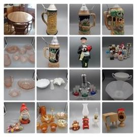 129: Stand Assist Recliner
130: Rowe Furniture Co Couch and Chair
131: Round Wooden Kitchen Table with 2 leaves, 4 chairs
132: *Pub Scene Superstar Swiss Musical Movement Lidded Beer Stein Made in Germanypickup sat 10-13 10a-2p*
133: Bier-garden Scene Musical Lidded Beer Stein
134: Hofbrauhaus 156 Musical Lidded Beer Stein
135: Stag, Boar Hunting Scene with Fox Handle Musical Lidded Beer Stein
136: Hunter with Hounds Scene Musical Lidded 1/4L Beer Stein Marked Western Germany
137: How I Am Musical Bottle
138: Pink Depression Glass
Salt and Pepper Collection; Sterling Sliver, Japan, Ball Mason and more
140: Pink Depression Glass Pitcher, Bowls
141: Mid- Century Pump Liquor Decanter w/ colored glasses
142: Milk Glass Grouping 2 Vases, Ripple and Lettuce Leaf
143: Milk Glass; Westmoreland & Anchor Hocking
144: Gnome Grouping
145: Mini Oil Lamps; Copper, Glass & Pot belly Stove
146: Marigold Glassware; Depression & Carnival
147: Wooden Nutcracker & Cheese Board
