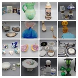 148: Vintage Pitcher Green Painted
149: German Musical Lidded Stein Moving Ballerina & Dancing Scenes; Plays Schwedenmadel
150: Ceramic Mini Oil Lamps
151: Girl Scouts Tins
152: 2 Depression Glass; 1 is an Imperial Glass basket, 1 unmarked frosted pink
153: 1978 Owl Planter & AZ Bell
154: Inarco Marble Eyed Cat & Westmoreland Blue Elegant Glass Cat w/lace
155: Silverplated Grouping
156: Silverplated Grouping incl Sheffield
157: Sm Ceramic Animals some planters
158: Stangl Pottery 1805 & 5197
159: Painted Milk Glass Plates many with lace edge
160: Painted Milk Glass Cake Stand, Salt & Pepper, Sugar Containers
161: Purple Ruffle Carnival Glass
162: 3 Pc of Victorian Painted Milk Glass Style Grouping
163: Green Glass Oil Lamps