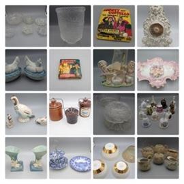 164: EAPG Glass Grouping
165: Fenton Currier & Ives "winter in the country" satin footed vase
166: Abbot and Costello "No Indians, Please" 8mm film untested
167: Sphinx & Cherub Metal Clock
168: 2 hen on nest bowls
169: Hopalong Cassidy "Twilight on The Trail" 8mm untested
170: Spoon & Holder
171: Cherub Server
172: Glass Bowls
173: Redwing Pottery by Bob White Quail Pheasant Hors Devours Holder, Salt & Pepper
174: Vintage Cheese crocks
175: Bell Collection Limoge, Rutter, Kaiser, Shibata, Jaeger, Spode, Gorham
176: Pair of Roseville Vases Blue Clematis Cornucopia 190-6
177: Antique Japanese Tea sets w/beaded raised texture 1 teapot has leaf basket
