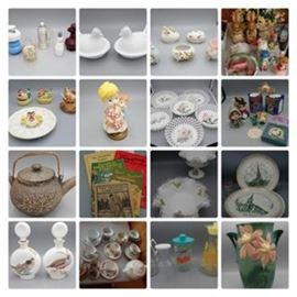 178: hawthorne & Madam & Co Blue ware
179: Hare-Ware Hall China Mixing Bowl Set & Glass Serving Bowl
180: Easter & Spring Decor incl Panorama Egg some Vintage
181: Avon Items
182: 2 Hen on Nest unmarked milk glass
183: Eggs
184: Devilled Egg plate w/salt & Pepper & condiment containers
185: Christmas Ornaments
186: Bagpipe Musicbox Cherubs
187: Milk Glass Lace Edge Bowls & Plates
188: Vintage Trapping Ephemera
189: Ruffled Milk Glass w/painted purple flowers
190: Large Antique Jakatsu "Wormy Ware" Teapot w/wooden handle
191: Local Advertising Assorted Products incl A-treat
192: Deant Whisky Bottle Field Birds Edition 4 & 5 1969 Rough Grouse & Mt Quail
193: Teacups Assorted
194: Vintage Beverage containers & Syrup
195: Roseville 112 12" Clematis Double Handle Vase Dark Green