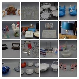 196: Vintage Shot Barrel w/glass mugs
197: 8 Glass Beer Mugs Heavy
198: Milk Glass Lace-Edge Serving Pieces
199: 4 Blue Hen on Nest 2 with white heads
200: Roosters 1 is a planter
201: vintage Hawaii Souvenirs
202: Marble Inlay Box
203: Vintage Table Lamp
204: 2 Tiny Sad Irons
205: Bottle Openers some Advertising
206: Vintage Pepsi Items
207: Clear Glass Hens 1 missing a bottom
208: Murano Style Glass Birds
209: Hens & Nests some milk glass some painted
210: Westmoreland Milk Glass
211: Polka Dot Mid Century Style Patio Mugs