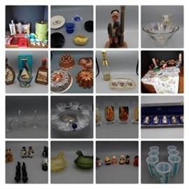 212: Wood Carved Anri Musical Corkscrew & Bottle Opener Set
213: Zodiac Sign Chip Dip Anchor Hocking
214: Bar Grouping
215: Vintage Ashtrays
216: Georges Briard Pickle Tray & Musical Bowling Splatter Design Decanter
217: Beam's Choice Pronghorn Antelope, Red Fox, Large Mouth Bass w/box
218: Copper Colored Molds
219: Adult Themed Items
220: Glass Basket
221: Punch Bowl Set w/ladle
222: Libby Vanishing Bathing Suit Glasses w/sun damage
223: Plated German Shot Set
224: Salt & Pepper Collection
225: 1 Green, 1 Canary Hen on Nest
226: Thanksgiving & Christmas Themed Salt & Pepper Collection
227: Anchor Hocking Glasses Fleur' de lys