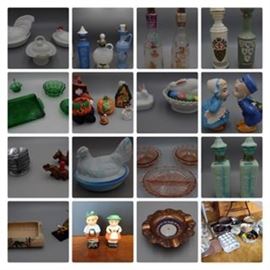 228: Beam Bottles
229: 2 Hens on a Nest 1 Westmoreland & A Chick in a Basket
230: Arrow Blackberry flavored bottles 1963-1964 & 1964-65 LCB seals
231: Old FitzGerald Bottles w/ LBC Seals
232: Dark Green Glass
233: Halloween/Fall Decor
234: Milk Glass Bunny Boxes
235: Dutch Kissing Figurines
236: Scotty Dog, Elephant Lighters & Stainless Ashtray Set
237: Marbled Hen on Nest
238: Pink Glass Bowls & Divided Dish
239: McGill Whisky 1972-1973 LCB Seals
240: Ricksha Figurine & Bamboo Planter
241: Goebel West Germany Salt & Pepper Traditional Dress
242: Roulette Ashtray
243: Bake Wear incl Bundt Pans, Cake Molds, Cupcakes