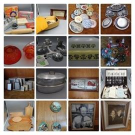 244: Metal Vintage Trays Many from London
245: Vintage Cookie Grouping
246: Electric Bread Warmer & Tile Bread Warmer
247: Assorted Metal Serving Items
248: Orange/Red Fire Bowl and Basket
249: Kitchener Combination Meat Grinder/Salad Maker
250: Pyrex & Fireking
251: Candle Holders & Wreathes
252: Picture Frames
253: Roaster
254: Framed Winter Farm Scene
255: 1937 Nobility Plate w/case and more
256: Wooden Cutting Boards
257: 2 Rare Chalkware 3D Hand Painted Plate EW Usher Canal & Street Scene plus 1 A Legend
258: Werley Store Freihofer's Sun Boy Bread Photo
259: Vintage Photorealistic Portrait of man & woman