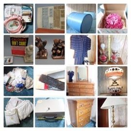 276: Vintage Wing Cases W/heads
277: Vintage Flower Motif Church Hats
278: Thread & Yarn Art Supplies
279: Throw Blanket
280: Twin Bed
281: Storage Stool
282: Lexington Nightstand
283: Jewelry Cases
284: Book with Vintage Gas, Fuel Oil, truck and other ration stamps. Some just for store owners.
285: Humor in Weight Loss/Gain Grouping
286: Winter Farm Scene
287: Banthrico Inc Bank 1 with a 1974 Copyright
288: Vintage Navy Blue Woman's Dress Outfit
289: Pair of Lamps
290: Lexington Dresser w/mirror
291: Dollies
292: Men's Dresser Grouping
293: Gone with the Wind Style Lamp
294: Chest of Drawers Lexington
295: Lamp