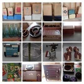 #1: Amelia Earhart Luggage Light Blue in boxes
#2: Pair of Ivory Finesse Luggage in Boxes
#3: Imperial Luggage Company Men's Black suitcases in boxes
#4: Vintage Luggage Assorted
#5: Vintage Coke Bottles
#6: Planters
#7: Brown Drip Servingware 1 pc Pfaltzgraff
#8: Coca-Cola Crates
#9: Anchorglass Snack Set in Ruby Cups w/clear plates in box
#10: Cooper Cheese Boxes & Hinged Wooden Box
#11: vintage gas clayton and lambert torch
#12: Work Master Kleen Line Paint Striping Kit Vintage
#13: Decorative Baskets
#14: Vintage Kids Boxing Gloves
#15: Vintage Children's Books
#16: Dresser needs some TLC
#17: Records